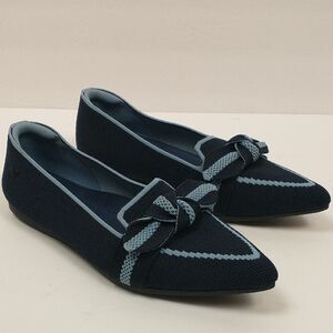 Navy Pointed Knit Flats with Light Blue Trim